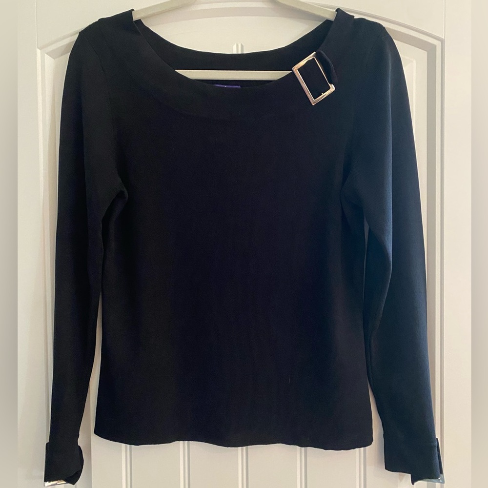 Elegant Black Long Sleeve Top size S rayon stretch knit